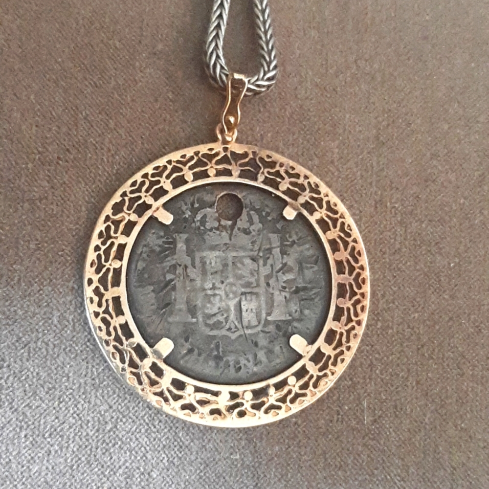 Spanish 1780s coin, 10kt framed on sterling chain